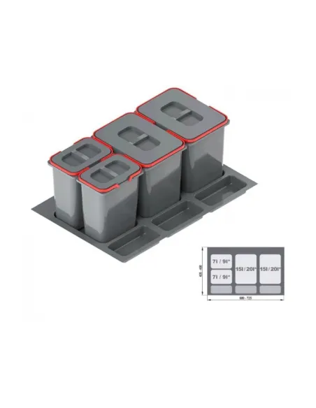 Koš odpadkový REJS PRAKTIKO 80/40/4 do zásuvky 2x20l+2x9l v400mm šedý