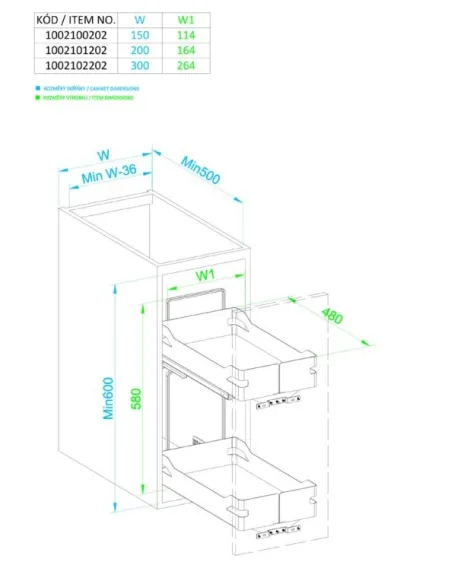 Nákres Plnovýsuvný dvojkoš boční WIRELI Style s tl.dovřením, 114x480x580mm, antracit