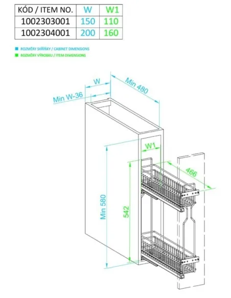 Plnovýsuvný dvojkoš boční WIRELI Komfort s tl. dovřením, 110x450x520mm, levý