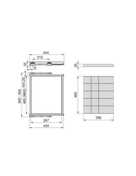 schéma - Výsuvný pořadač na doplňky HACK,  560-594x434x56 mm, kamenná šedá, šedá